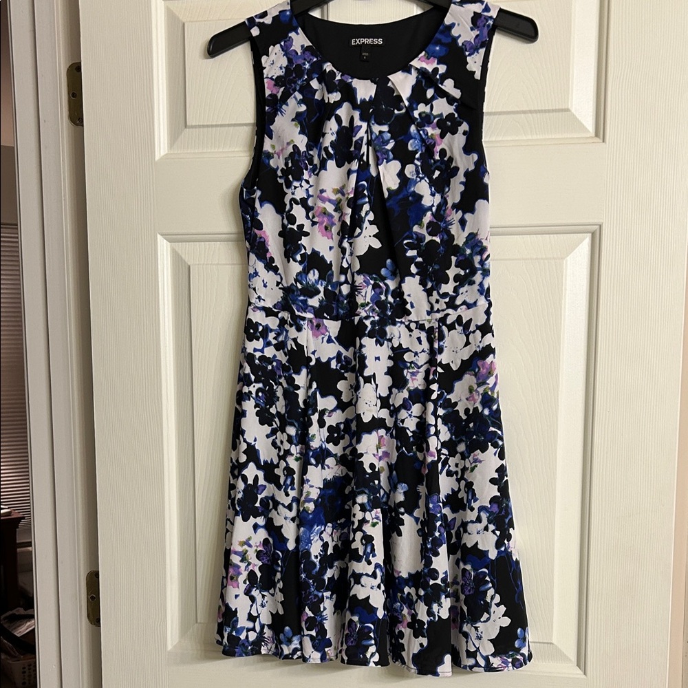 Express Black, White & Blue Floral Sleeveless A-Line Dress